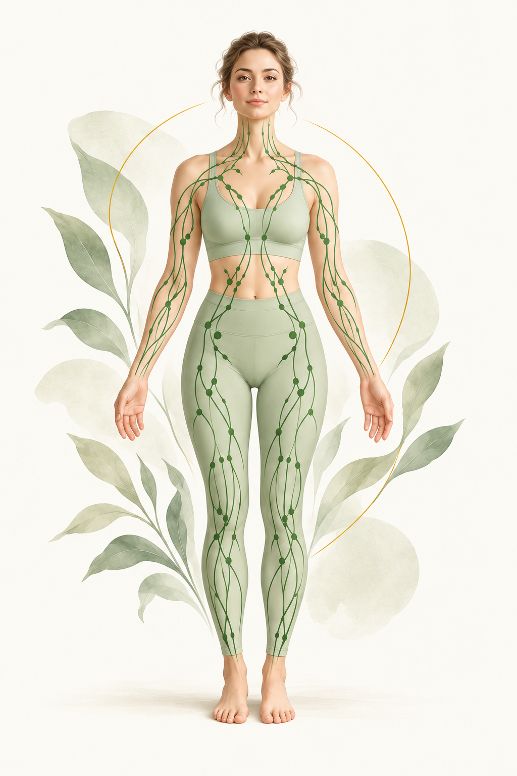 Stylised woman with a simplified green branching motif and botanical leaves. Illustration only, not an anatomical map.