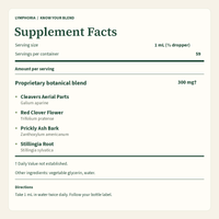 Lymphoria Supplement Facts: 1 mL serving, 59 servings per bottle, 300 mg botanical blend.